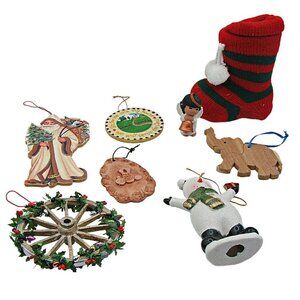 Lot 8 Christmas Holiday Ornaments Elephant Wagon Wheel Snowman Stocking Angel